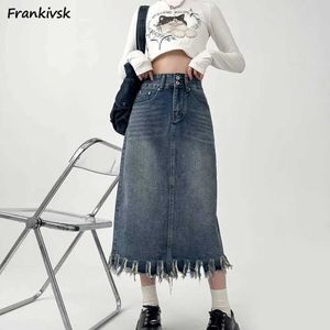 Юбки S-5XL Юбки Women Vintage High Tassel Tassel Midi Denim All-Match Korean Style Summer Cosy Strtwear Школьная школьница шикарная мода Y240513