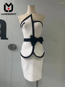 Vestidos de trabalho Luxuenvy feminino sexy de duas peças gravata embrulho de quadril curto vestido de bandagem slim 2024 outono