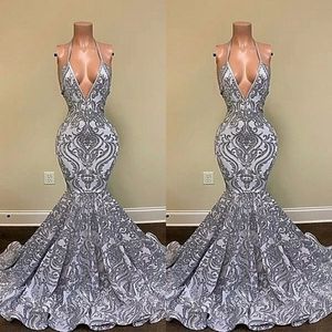 2022 Gorgeous Silver Mermaid Prom Dresses Spaghetti Straps V-Neck Applicies spetsen backless aftonklänningar BC13118 B0417Q 288I
