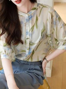 Women's Polos 2024 Early Autumn Ladies Floral Shirt Female Elegant Chiffon Seven Sleeve Printed Blouse Design Commuting Clothes Tops
