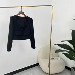 Women's Jackets 2024 Woman Unique Designer Fashion Solid Black Square Collar Long Sleeve Elegant Crop Tops