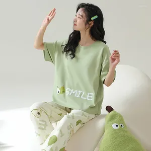Home Clothing Pajama Ladies Ins Wind Cotton Short-sleeved Trousers Cute And Sweet Green Japanese Soft Sister Service Suit In Summer