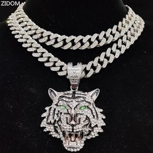 Hip Hop 3D Tiger Pendant Necklace with 13mm Crystal Cuban Chain HipHop Iced Out Bling Necklaces Men Women Fashion Charm Jewelry 240511