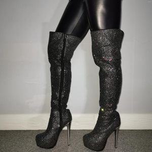 Botas Real Po Sex Women Platform Bling Zipper Over Knee Rhinestone Crystal Metal Metal High Leal Luxury Thin