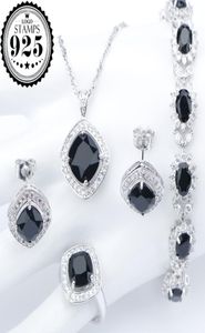 Silver 925 Costume Wedding Black Zircon Jewelry Sets For Women Bracelets Earrings Rings Pendant Necklace Set Jewellery Gift Box4422368