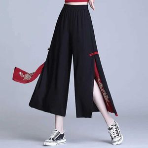 Women's Pants Capris Womens pants Chinese style Harajuku hippie ethnic loose fitting black embroidery fashionable pockets wide leg pants pants Y240509