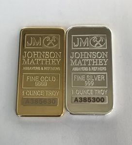 100 PCs não magnéticos Johnson Matthey Sivler Barras banhadas de ouro 50 mm x 28 mm 1 oz JM Coin Decoration Bar com diferente a laser serial5924030