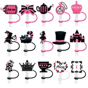pink girl PVC Straw Charms Cute Design Pink Style Reusable Straw Covers Airtight Dust Cap Splash Proof Drinking Plastic Straw Toppers