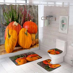 Duschgardiner Autumn Fall Badrumsgardin Set Pumpkin Farm Thanksgiving Skörd Flower Screen Non-Slip Bath Mat Toalett Lock Cover Rugs