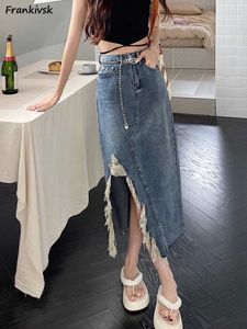 スカートスカート女性タッセルAラインホールファッションハイウエストデニムソリッド韓国スタイルレトロスリムフィットデントカジュアル快適なエレガントY240513