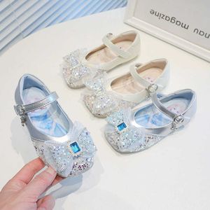 Sneakers Girls Princess Shoes Crystal Soft Sole 2024 Spring and Autumn Childrens Fashionable Small Leather Little Single Bow H240513