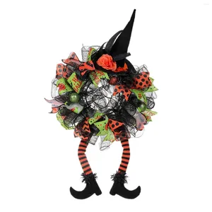 Flores decorativas guirlanda feita à mão 29.53x15.75 polegadas com chapéu de bruxa e pernas grinaldas de porta artificial para festival de janelas Halloween
