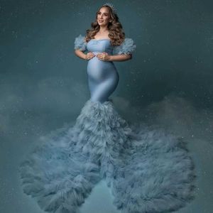 Moderskapsklänningar Fantastiska dammiga blå moderskapsklänningar för fotoshoot frodiga ruffles graviditet babyshower brudklänning för fotografering T240509