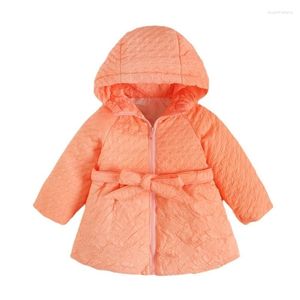 Down Coat Winter Jacket Girl Mid Length Pleated Flower Belt Thicken Hooded Warm Children Snow Clothing Toddler Clothes Parka