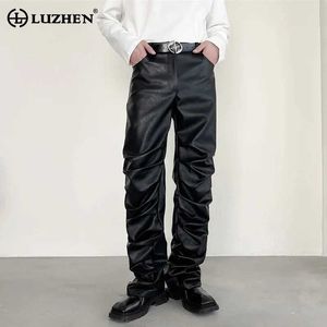 Men's Pants LUZHEN High Street pleated design leather pants for mens fashion 2024 new straight three person wide leg trendy spring LZ3114L2405