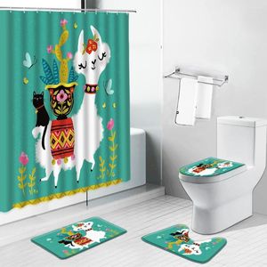 Shower Curtains Cartoon Animal Alpaca Curtain Bohemian Bathroom Decor Rug Set Non-slip Bath Mat Toilet Cover Kitchen Carpet