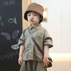 Summer Children Short Sleeve Lapel Shirts Cotton Linen Baby Boy Girl Casual Striped Tops Toddler Kids Loose Clothes 240512