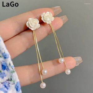 Dangle Earrings Fashion Jewelry 925 Silver Needle Camellia Simulated Pearl Tassel For Women Wedding Gifts Elegant Temperament