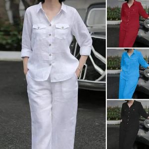 Pantaloni da donna a due pezzi Donne eleganti camicie a maniche lunghe con collo a bavero set 2 pezzi di moda autunno outumps solido lavoro dei pantaloni per i pantaloni