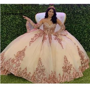Rose Gold Sparkly Quinceanera Prom Dresses 2022 Modern Sweetheart Lace Applique Sequins Ball Gown Tulle Vintage Evening Party 1934