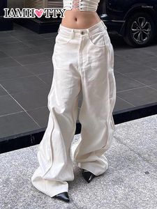 Women's Jeans IAMTY White Wave Loose High Waist Straight Wide Leg Casual Oversized Denim Cargo Pants Vintage Streetwear Chic Trousers