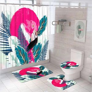 Shower Curtains Tropical Flamingo Curtain Sets Green Palm Banana Leaves Watercolor Bathroom Non-Slip Rugs Toilet Cover Bath Mat