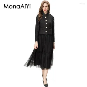 Arbetsklänningar Monaiyi Office Lady Fashion Suit Designer Kvinnor Stand Collar Single-Breasted Black Tweed Tops Tulle Pleated kjol 2st Set Set