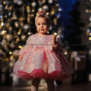 Girl Dresses Yipeisha Pink Sequin Flower Dress Wedding Party Gown O Neck Long Sleeves Puff Little Kids Birthday For Christams