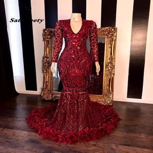Dark Red Lace Feather Mermaid Prom Dresses Black Girls V Neck Long Sleeves Sweep Train Formal Evening Party Gowns Real Image 280f