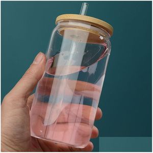 Tumblers 350Ml/500Ml Sublimation Glass Cup Can With Bamboo Lid Iced Coffee Clear Or Frosted Mason Jar Juice Bottle For Summer Party Tu Dhpg3