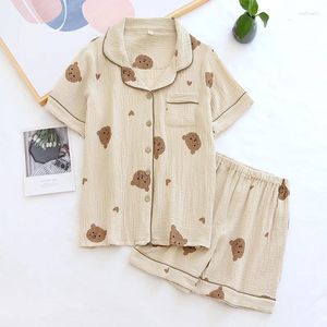 Hemkläder sommarpar Pure Cotton Cute Bear Pyjamas Set Crepe Gaze Sleepwear Kvinnlig kortärmad Pijama Loungewear Ladies Pyjama