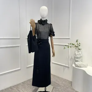 Рабочие платья высшее качество льняное черное винтажное трехмерное украшение цветов с коротким рукавом и юбкой набор 2024 Женская одежда