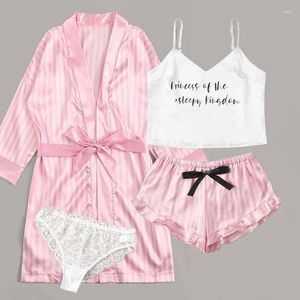 Hemkläder kvinnors mode pyjama set brev tryck sexig spets trim faux siden satin robe natt klänning komfort underkläder loungewear