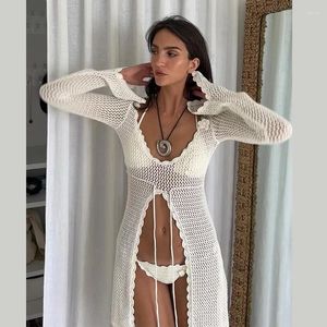 Women's Sexy Cutout Crochet Bikini Swim Cover Up V-Neck Long Sleeve Hollow Out Beach Mini Dress Summer Beachwear 2024