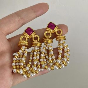 Dangle Ohrringe Aensoa Vintage mittelalterlicher Stil Perlenperlen Quasten Tropfen für Frauen kreatives Retro -Temperament Rotkristall