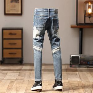 Highend jeans herrar sömmar trendig retro gata personlig design smal passande magra motorcykelbyxor 240508