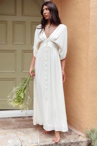Festklänningar casual vit linne maxi klänning för kvinnor sommar v hals kort batwing hylsa singel breasted hög midja lös