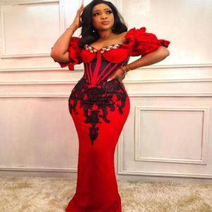 African Plus Size Red Evening Dresses sweetheart 2020 Mermaid Appliques Arabic Prom Dresses Woman Party Night Elegant Couture Robe Soir 2373