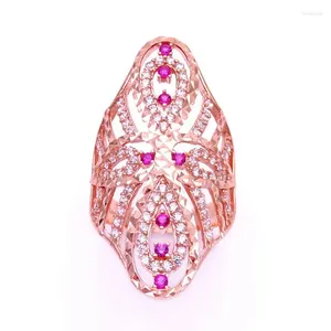 Cluster Rings 585 Purple Gold 14K Rose Wide Version Oval Ruby White CrystalOpenwork Design Luxury Engagement Wedding Ring Women's Jewelry