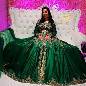 Elegant Green Muslim Formal Evening Dresses Long Sleeve Gold Appliques Beaded Crystals Arabic Dubai Celebrity Party Gowns Moroccan Kaft 232m