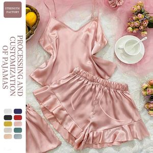 Home Clothing Satyn piżamowy garnitur z szortami V-decs 3pcs PJS Ustaw kobiecy stroje Summer piżama polej femme sleepwear Nightgown Comfy bielizna