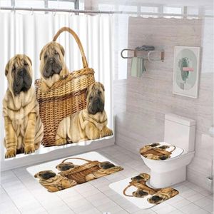 Cortinas de chuveiro 4pcs cortina de cachorro fofa conjunto marrom animais engraçados banheiro de estimação u forma de tapete de tapete de tapete tampa de tampa de tampa de banho de banho 12 ganchos