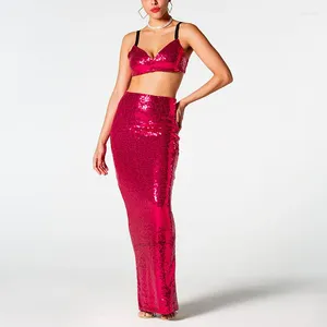 Sukienki robocze Krisequins Kobiety Zestaw dwuczęściowy Seksowna V Szyjka Bez rękawów Top i długie spódnice Glitter Nightclub Dopasowanie garnituru Sump