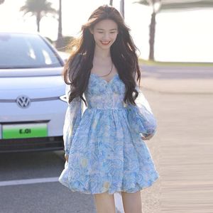 Повседневные платья масляная живопись синее шифоновое платье A-Line Веснае лето мода 2024 квадратный воротник с длинным рукавом для женского корейского