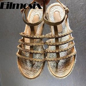 Casual Shoes 2024 Chain Flat Heels Gladiator Sandaler Kvinnor Buckle Strap Peep Toe Rope Summer Beach Sandal
