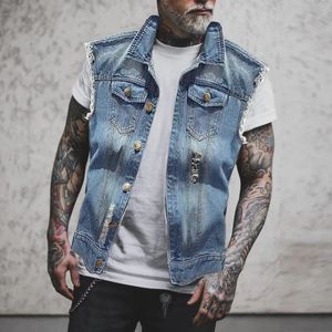 Giacca in denim senza maniche hip hop da uomo strappato a peccato strappato blu tops.