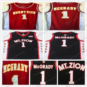 NCAA Mount Zion Christian Lisesi Tracy #1 McGrady Jersey Siyah Kırmızı Siyah Kırmızı Dikişli Mt.Ziont-Mac Basketbol Forması Gömlekleri