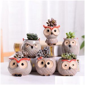 Planters Pots Ceramics Flowerpot Cartoon Owl Mini Thumbs Garden Pot For Home Decoration Succent växter Flowerpots DHS 519 Drop Del Dhpia