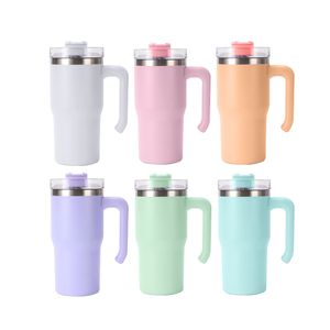 Macaron gefärbt 20oz Sublimation Student Becher mit Griff und Flip Deckel Edelstahl Kaffee Sippy Tassen Wasserflasche