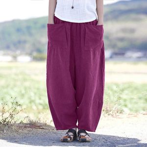 Frauenhose Capris Frauen lässig Baumwolle Weite Bein Hosen Elastische Taille Feste Farbhose Frühling Neues 2024 Taschen Lose Vintage Long Hosen Y240509